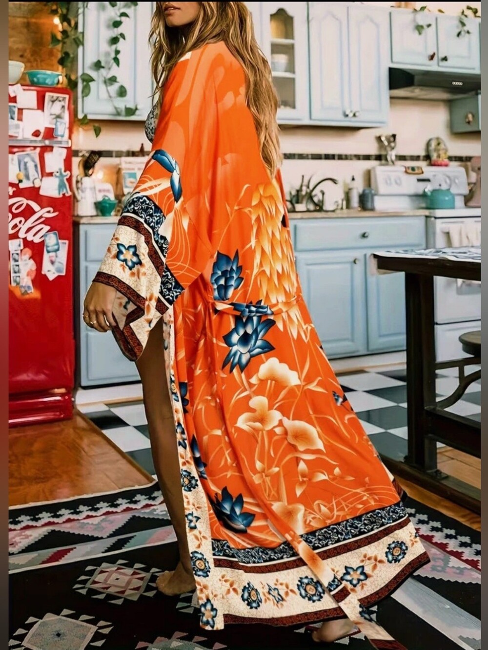 Vibrant Boho Orange Floral Maxi Kimono Dress One Size Nwot